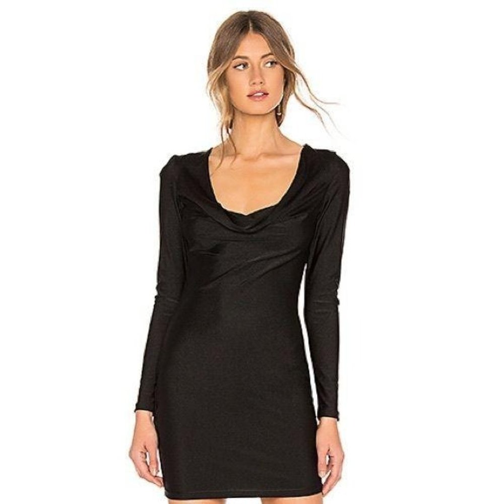 Revolve Black Draped Neck Mini Bodycon LS Dress XS